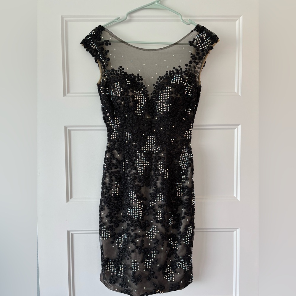 Jovani hand beaded cocktail homecoming mini dress size 00 black lace rhinestones